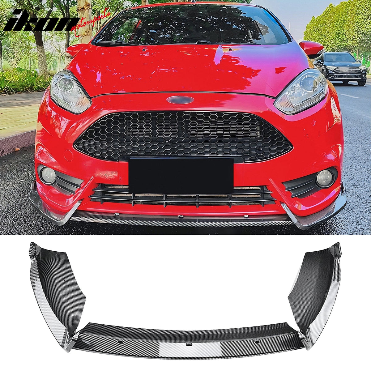2014-2019 Ford Fiesta ST & ST Line 3PCS Front Lower Bumper Lip Air Dam Chin Spoiler Splitter IKON Style Painted Carbon Fiber Print ABS Plastic