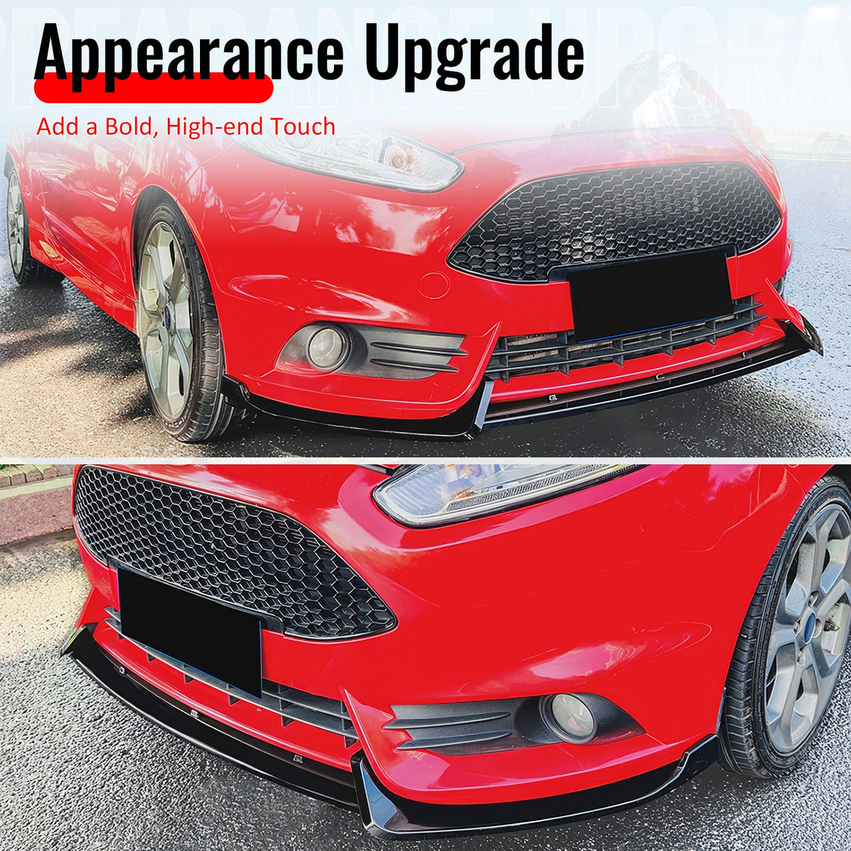 2014-2019 Ford Fiesta ST & ST Line 3PCS Front Lower Bumper Lip Air Dam Chin Spoiler Splitter IKON Style Painted Gloss Black ABS Plastic