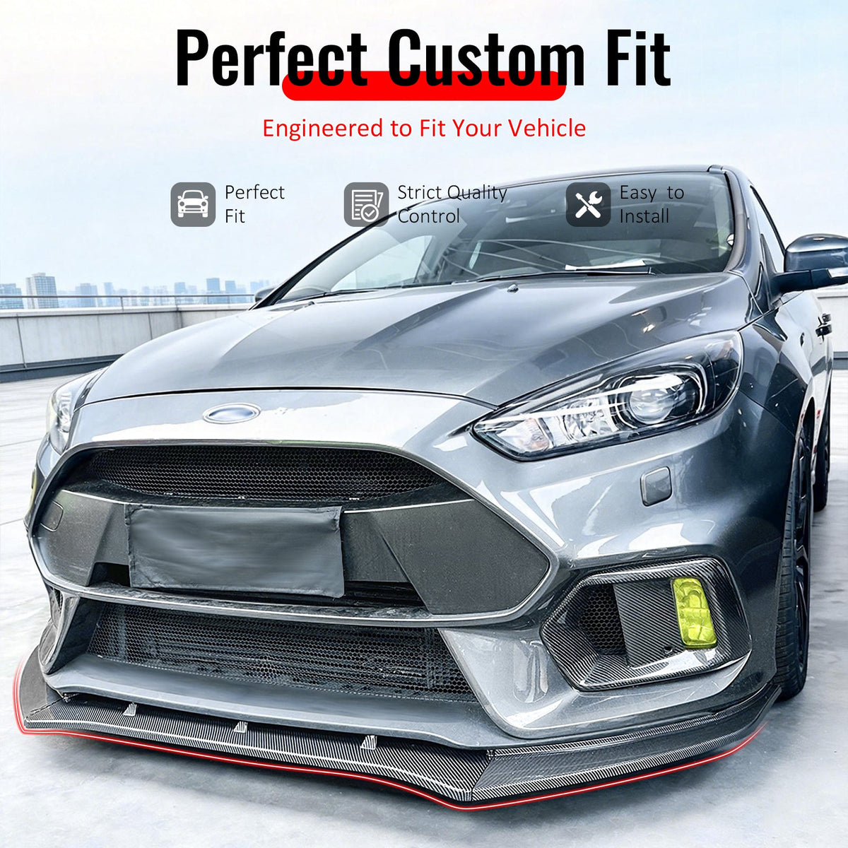 2016-2018 Ford Focus RS 3PCS Front Lower Bumper Lip Air Dam Chin Spoiler Splitter IKON Style Painted Carbon Fiber Print ABS Plastic