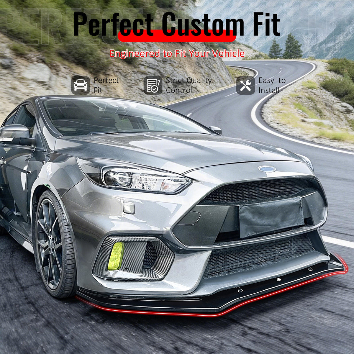 2016-2018 Ford Focus RS 3PCS Front Lower Bumper Lip Air Dam Chin Spoiler Splitter IKON Style Painted Gloss Black ABS Plastic