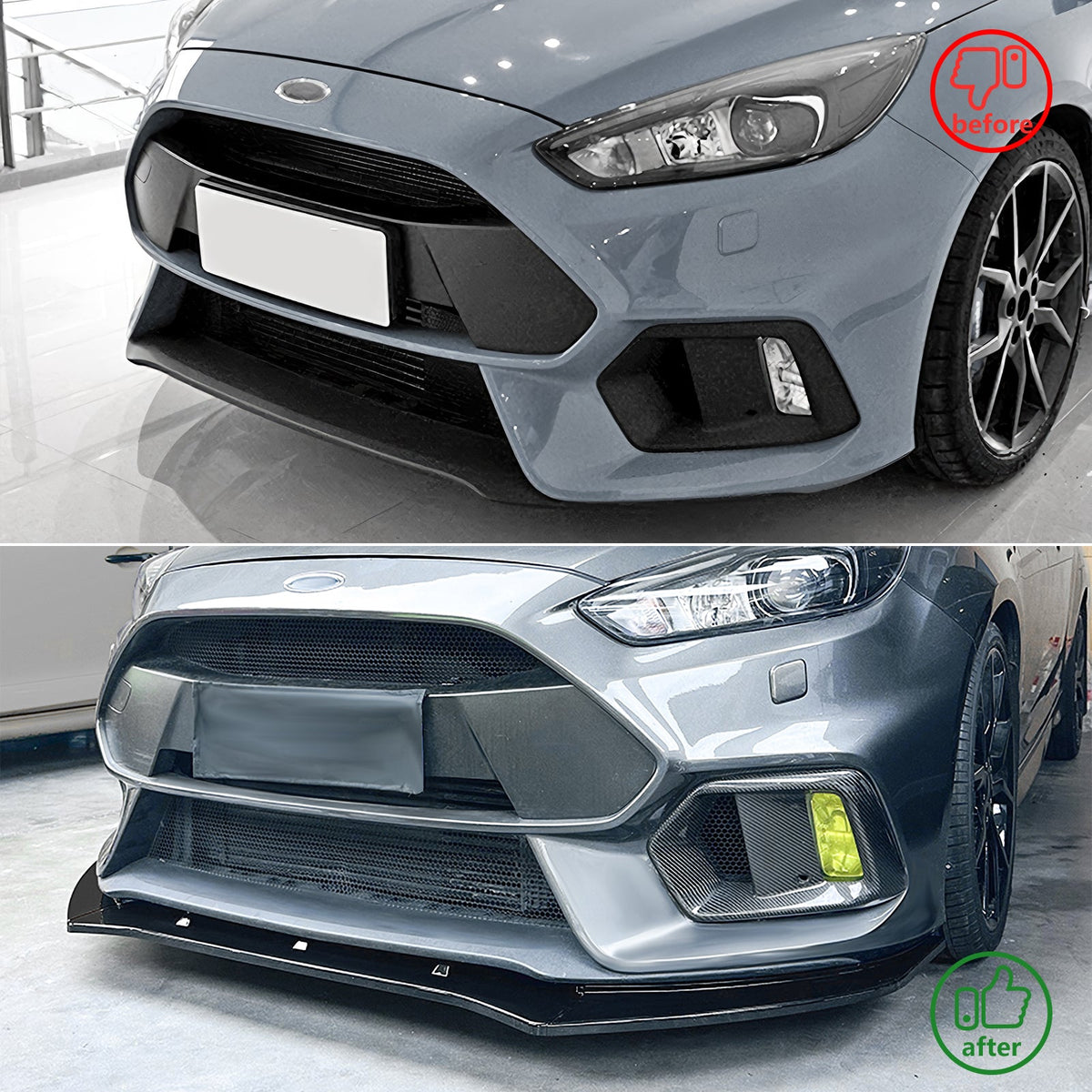 2016-2018 Ford Focus RS 3PCS Front Lower Bumper Lip Air Dam Chin Spoiler Splitter IKON Style Painted Gloss Black ABS Plastic