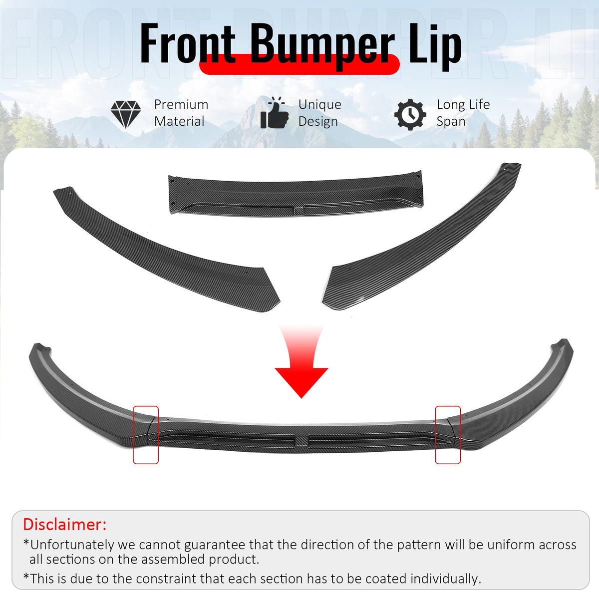 2015-2018 Ford Focus Sedan & Hatchback IKON Style Front Bumper Lip Lower Spoiler 3PCS Carbon Fiber Print PP