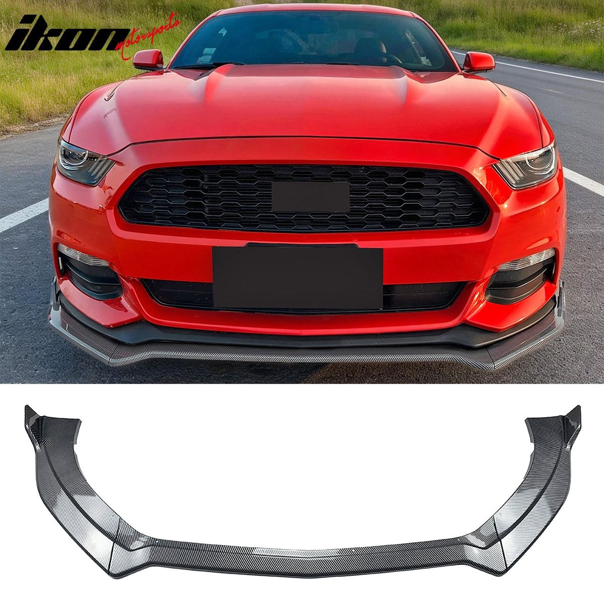 2015-2017 Ford Mustang V6 & Ecoboost & GT 3PCS Front Lower Bumper Lip Air Dam Chin Spoiler Splitter IKON V2 Style Painted Carbon Fiber Print ABS