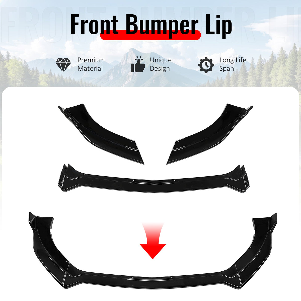 2015-2017 Ford Mustang V6 & Ecoboost & GT 3PCS Front Lower Bumper Lip Air Dam Chin Spoiler Splitter IKON V2 Style Painted Gloss Black ABS Plastic