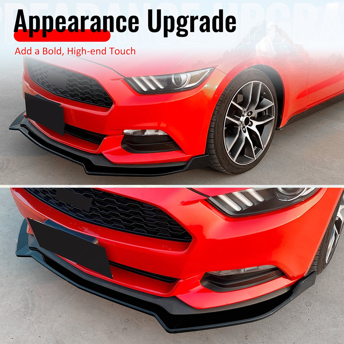 2015-2017 Ford Mustang V6 & Ecoboost & GT 3PCS Front Lower Bumper Lip Air Dam Chin Spoiler Splitter IKON V2 Style Painted Gloss Black ABS Plastic
