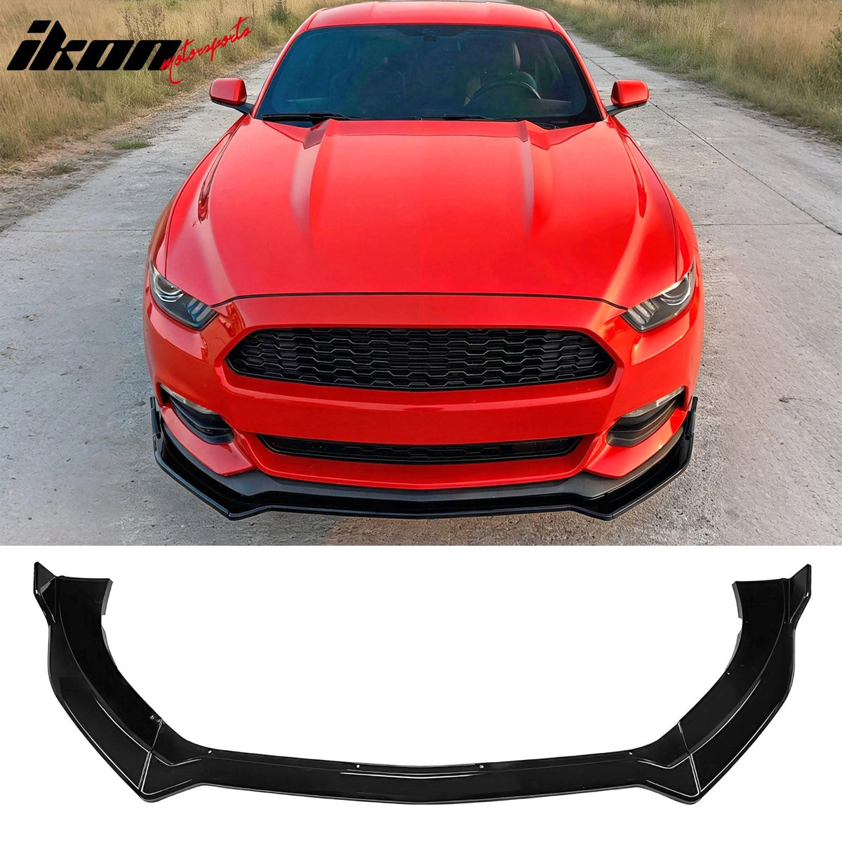 2015-2017 Ford Mustang V6 & Ecoboost & GT 3PCS Front Lower Bumper Lip Air Dam Chin Spoiler Splitter IKON V2 Style Painted Gloss Black ABS Plastic