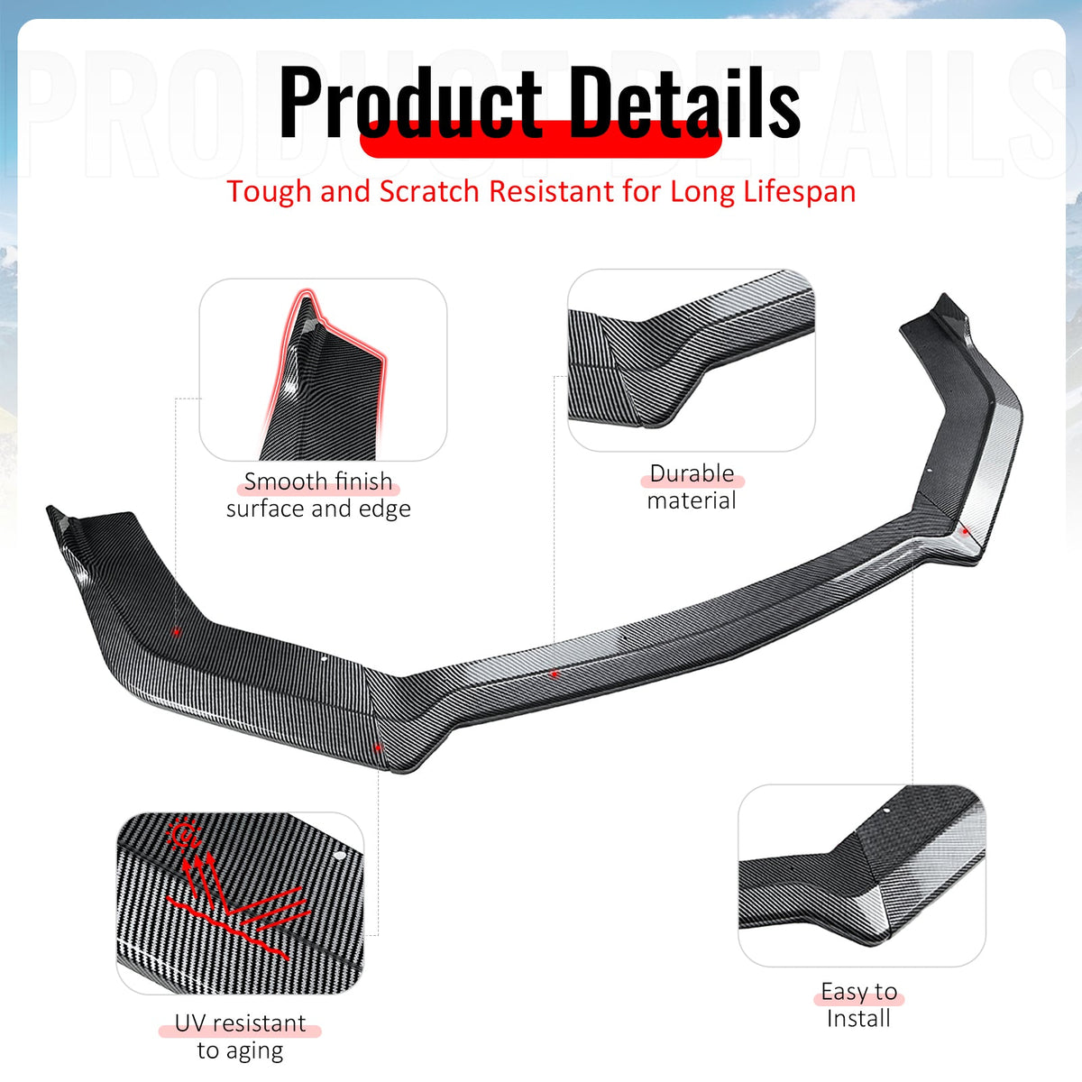 2018-2023 Ford Mustang Ecoboost & GT 3PCS Front Lower Bumper Lip Air Dam Chin Spoiler Splitter IKON Style Painted Carbon Fiber Print ABS Plastic