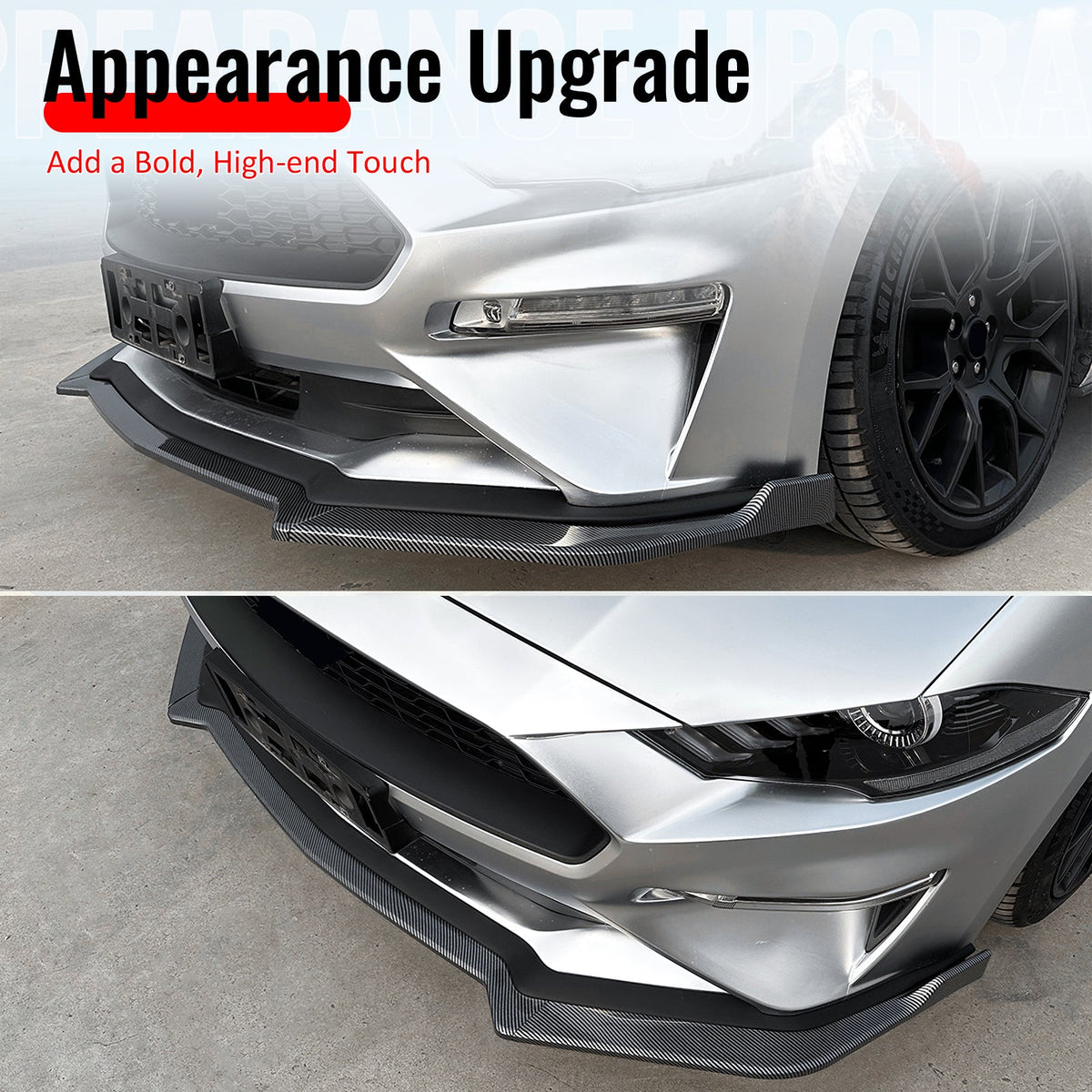 2018-2023 Ford Mustang Ecoboost & GT 3PCS Front Lower Bumper Lip Air Dam Chin Spoiler Splitter IKON Style Painted Carbon Fiber Print ABS Plastic