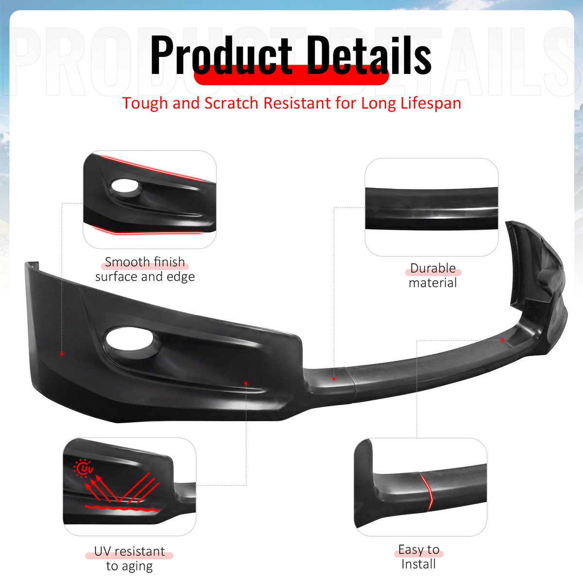 2008-2012 Honda Accord 2-Door HF-P Style Unpainted Black Front Bumper Lip PU 3PCS