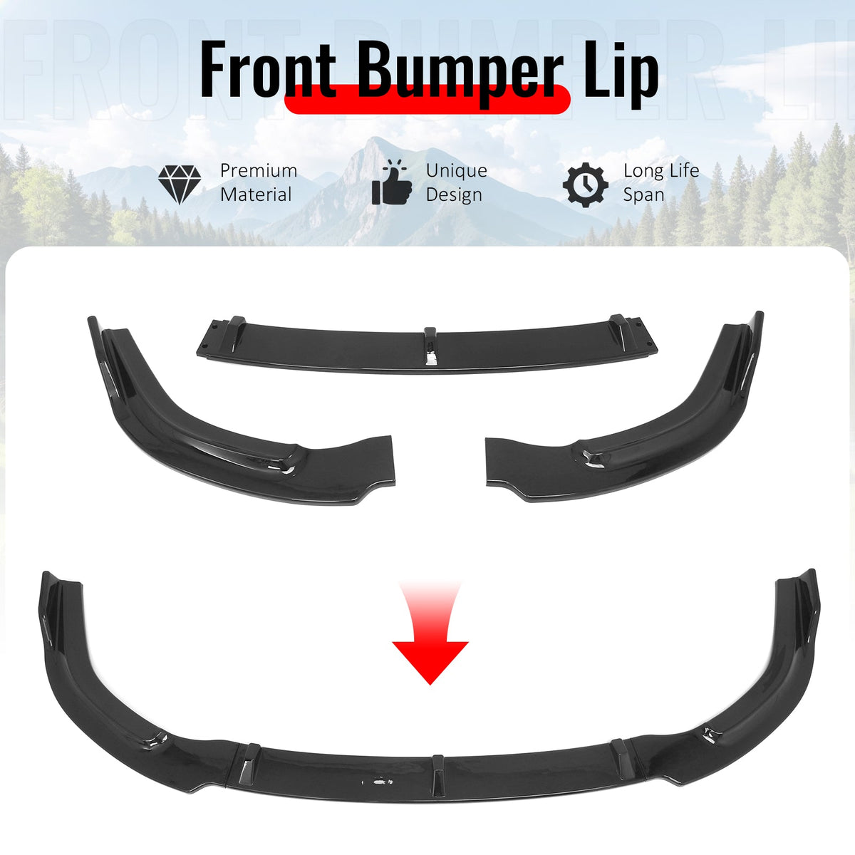 2006-2008 Honda Civic Sedan GT Style Front Bumper Lip Lower Spoiler 3PCS Gloss Black PP