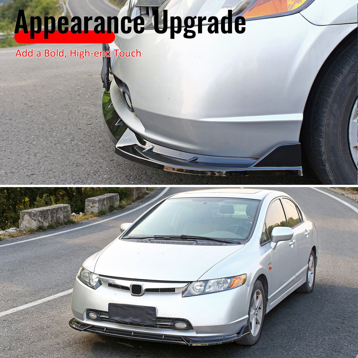 2006-2008 Honda Civic Sedan IKON Style Front Bumper Lip Spoiler Gloss Black PP 3PCS