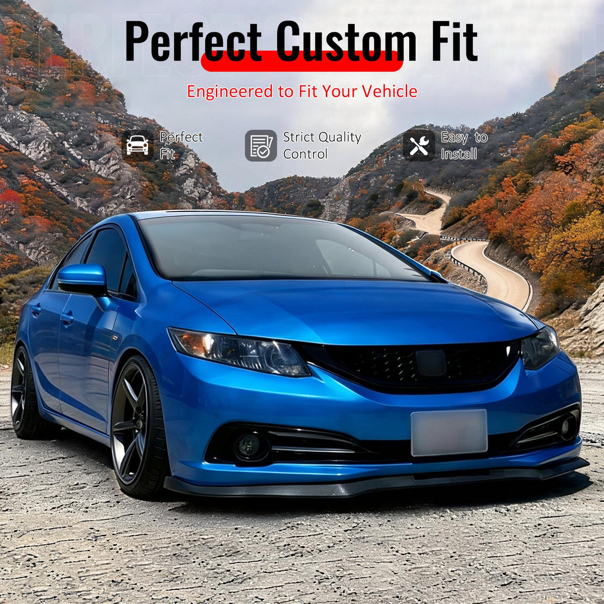 2013-2015 Honda Civic Sedan GT Style Front Bumper Lip Lower Spoiler 3PCS Gloss Black PP