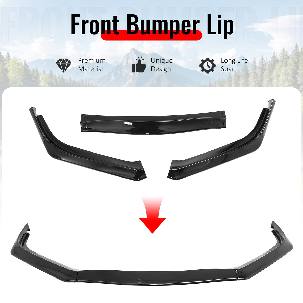 2013-2015 Honda Civic Sedan GT Style Front Bumper Lip Lower Spoiler 3PCS Gloss Black PP