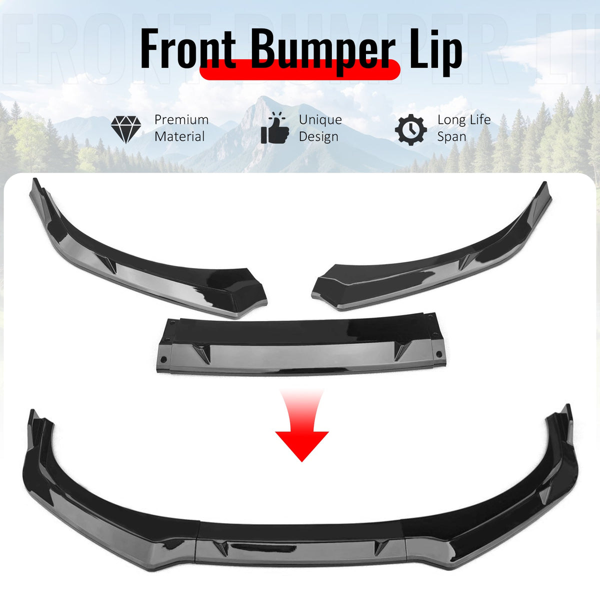 2024-2026 Hyundai Elantra IKON Style Gloss Black Front Bumper Lip PP 3PCS