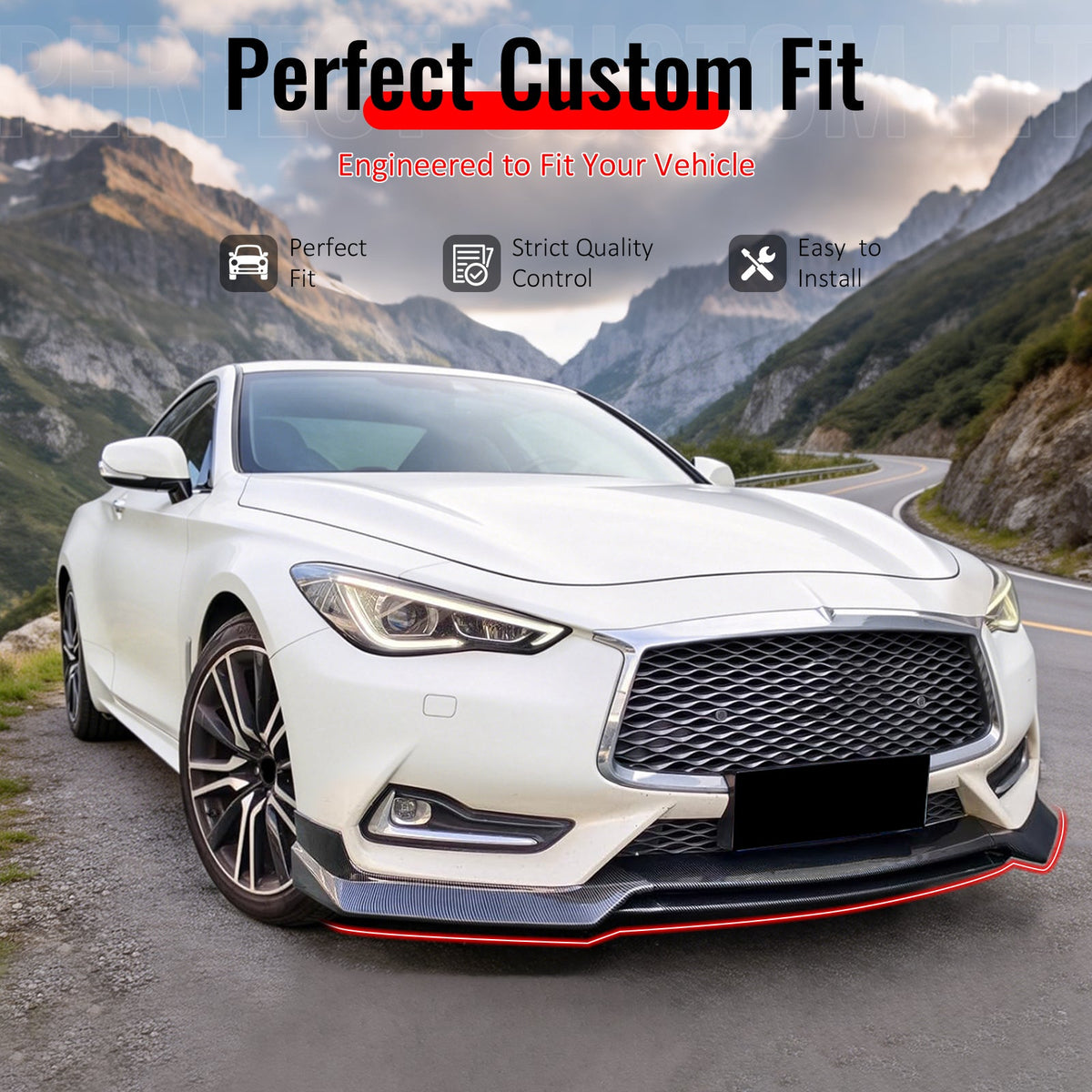 2017-2022 INFINITI Q60 V37 3PCS Front Lower Bumper Lip Air Dam Chin Spoiler Splitter RS JDM Style Painted Carbon Fiber Print PP Polypropylene