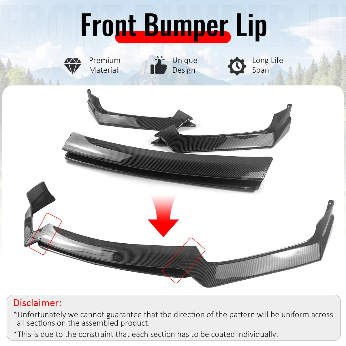 2017-2022 INFINITI Q60 V37 3PCS Front Lower Bumper Lip Air Dam Chin Spoiler Splitter RS JDM Style Painted Carbon Fiber Print PP Polypropylene