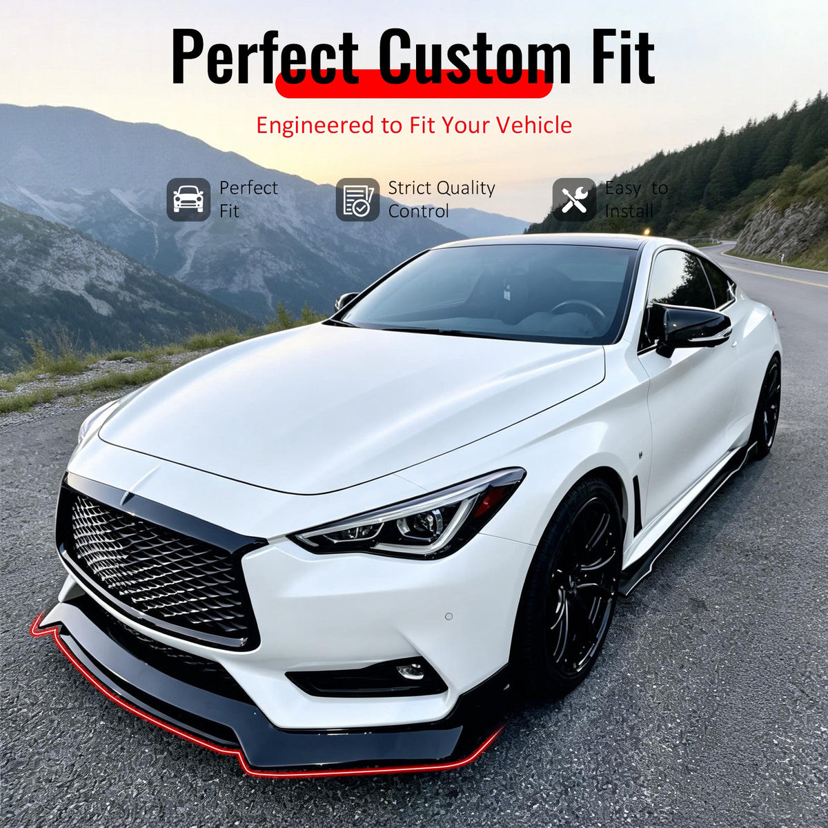 2017-2022 INFINITI Q60 V37 3PCS Front Lower Bumper Lip Air Dam Chin Spoiler Splitter RS JDM Style Painted Gloss Black PP Polypropylene