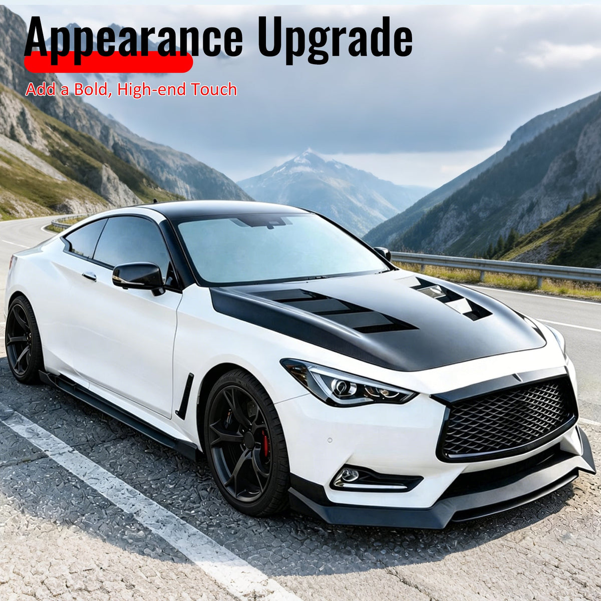 2017-2022 INFINITI Q60 V37 3PCS Front Lower Bumper Lip Air Dam Chin Spoiler Splitter RS JDM Style Painted Gloss Black PP Polypropylene