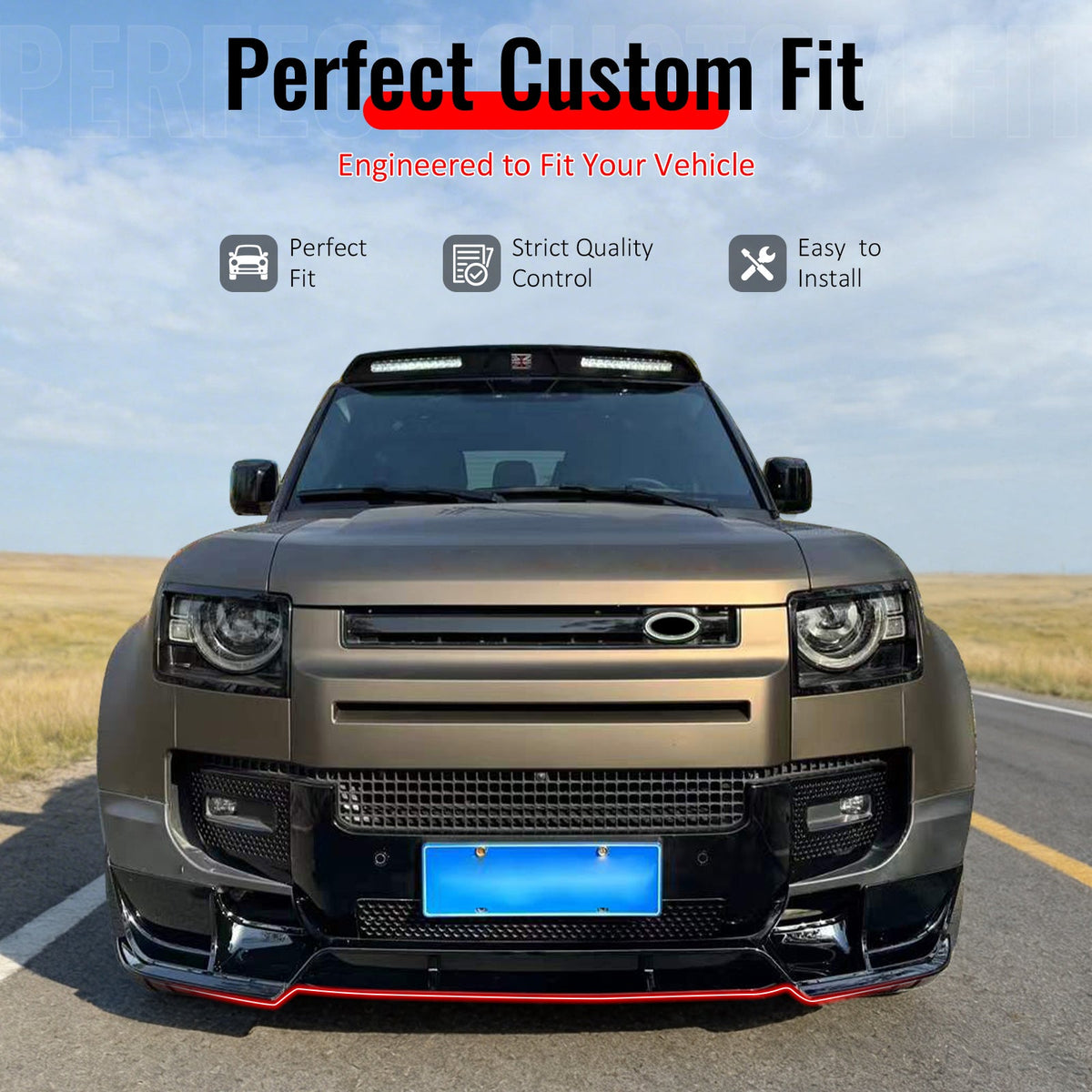 2020-2026 Land Rover Defender 90/110/130 Front Bumper Lip IKON V1 Style Gloss Black ABS Plastic Air Dam Chin Spoiler Protector Splitter 4PC