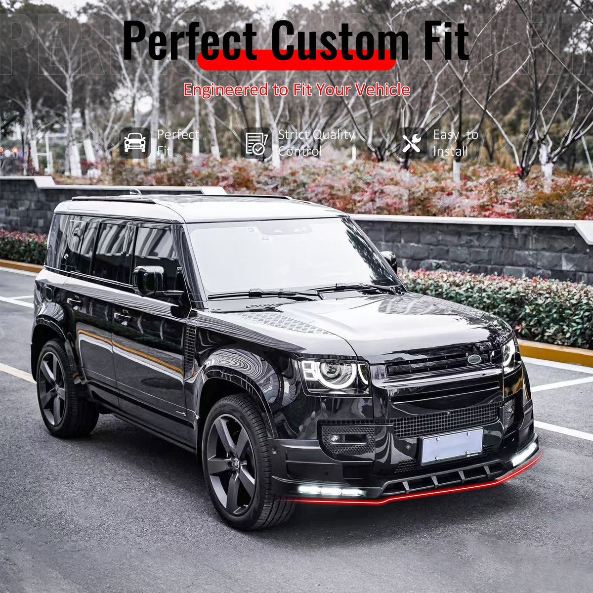 2020-2026 Land Rover Defender 90/110/130 Front Bumper Lip with LED Daytime Running Light IKON V2 Style Gloss Black ABS Spoiler Protector Splitter 4PC