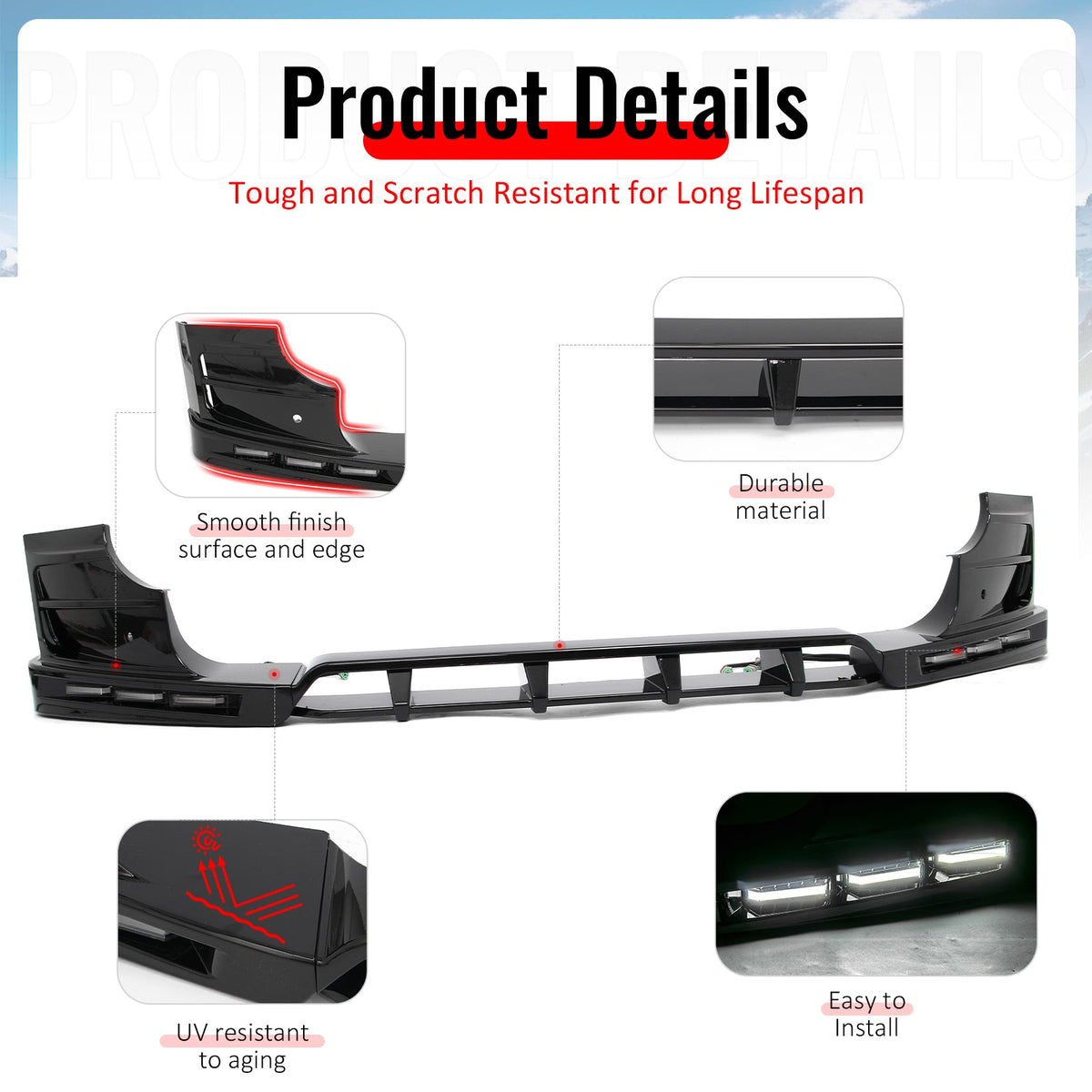 2020-2026 Land Rover Defender 90/110/130 Front Bumper Lip with LED Daytime Running Light IKON V2 Style Gloss Black ABS Spoiler Protector Splitter 4PC