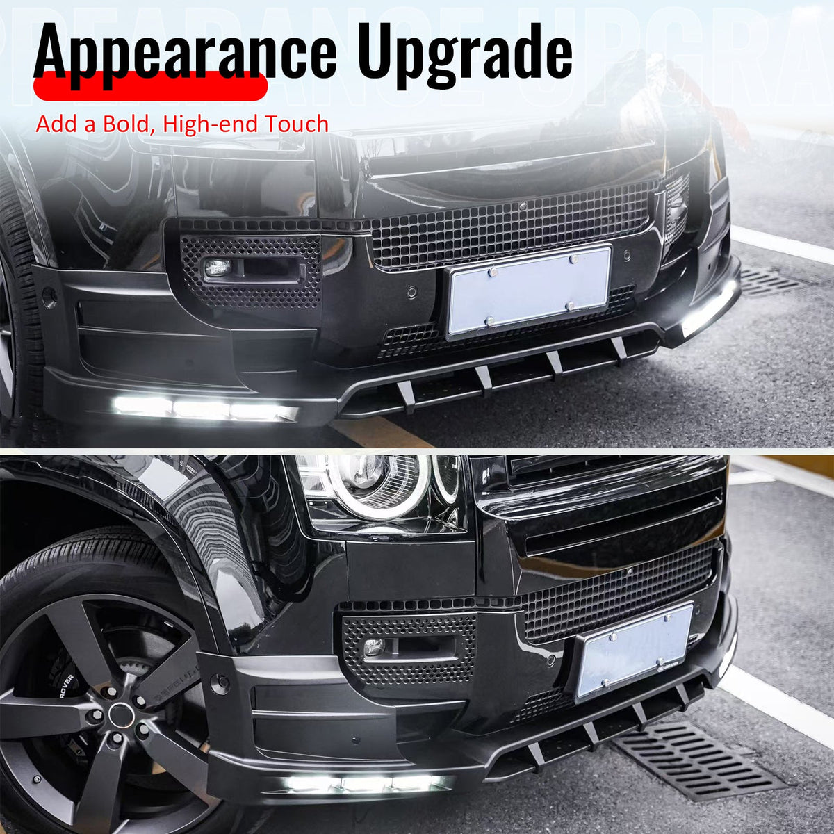 2020-2026 Land Rover Defender 90/110/130 Front Bumper Lip with LED Daytime Running Light IKON V2 Style Gloss Black ABS Spoiler Protector Splitter 4PC