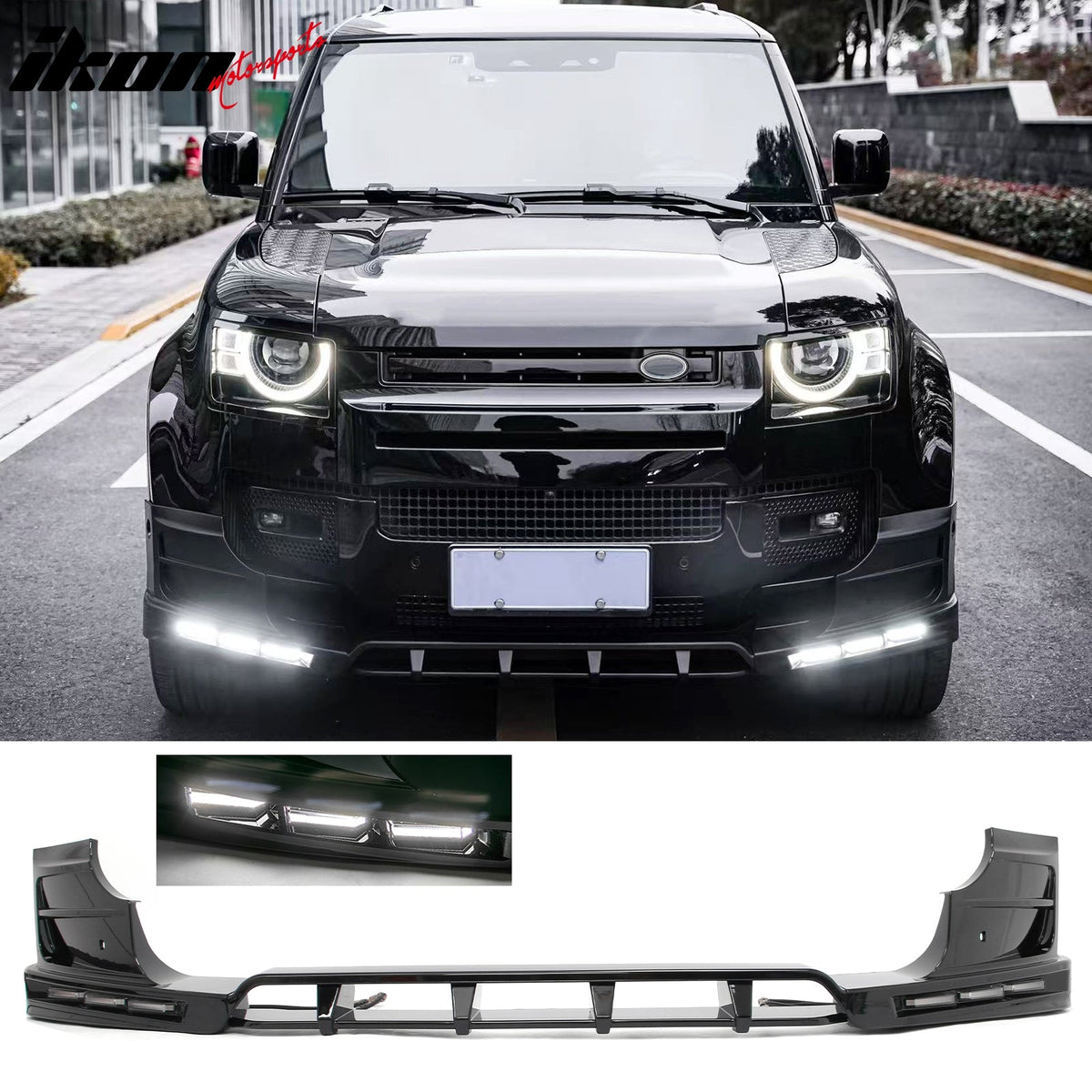 2020-2026 Land Rover Defender 90/110/130 Front Bumper Lip with LED Daytime Running Light IKON V2 Style Gloss Black ABS Spoiler Protector Splitter 4PC