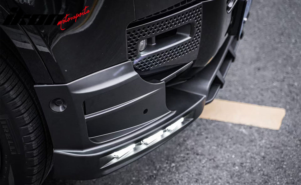 2020-2026 Land Rover Defender 90/110/130 Front Bumper Lip with LED Daytime Running Light IKON V2 Style Gloss Black ABS Spoiler Protector Splitter 4PC