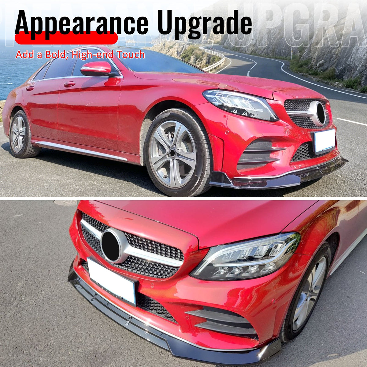 2019-2022 Benz W205 C-Class C200 C300 C43 AMG BR Style Gloss Black Front Bumper Lip PP