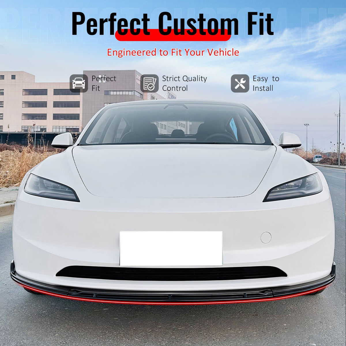 2024-2026 Tesla Model 3 (Not Fit Performance) 3PCS Front Lower Bumper Lip Air Dam Chin Spoiler Splitter IKON V4 Style Painted Gloss Black ABS Plastic