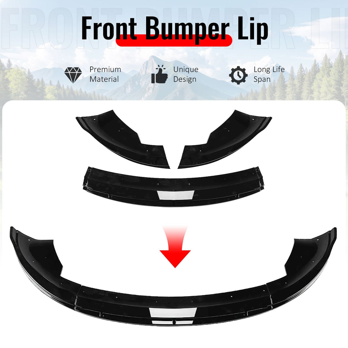 2024-2026 Tesla Model 3 (Not Fit Performance) 3PCS Front Lower Bumper Lip Air Dam Chin Spoiler Splitter IKON V4 Style Painted Gloss Black ABS Plastic