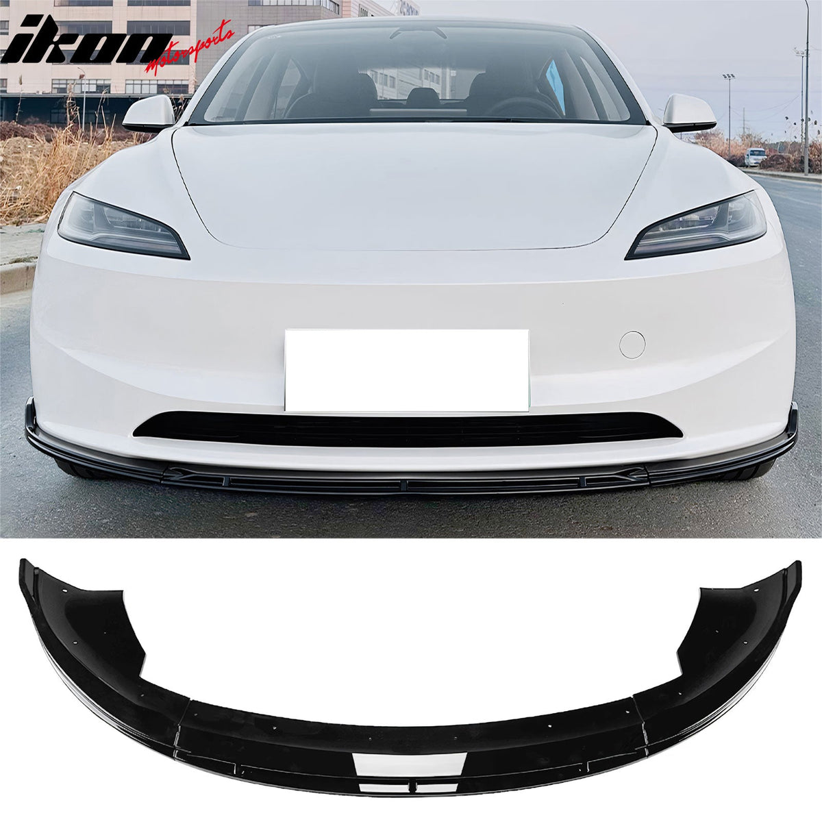 2024-2026 Tesla Model 3 (Not Fit Performance) 3PCS Front Lower Bumper Lip Air Dam Chin Spoiler Splitter IKON V4 Style Painted Gloss Black ABS Plastic