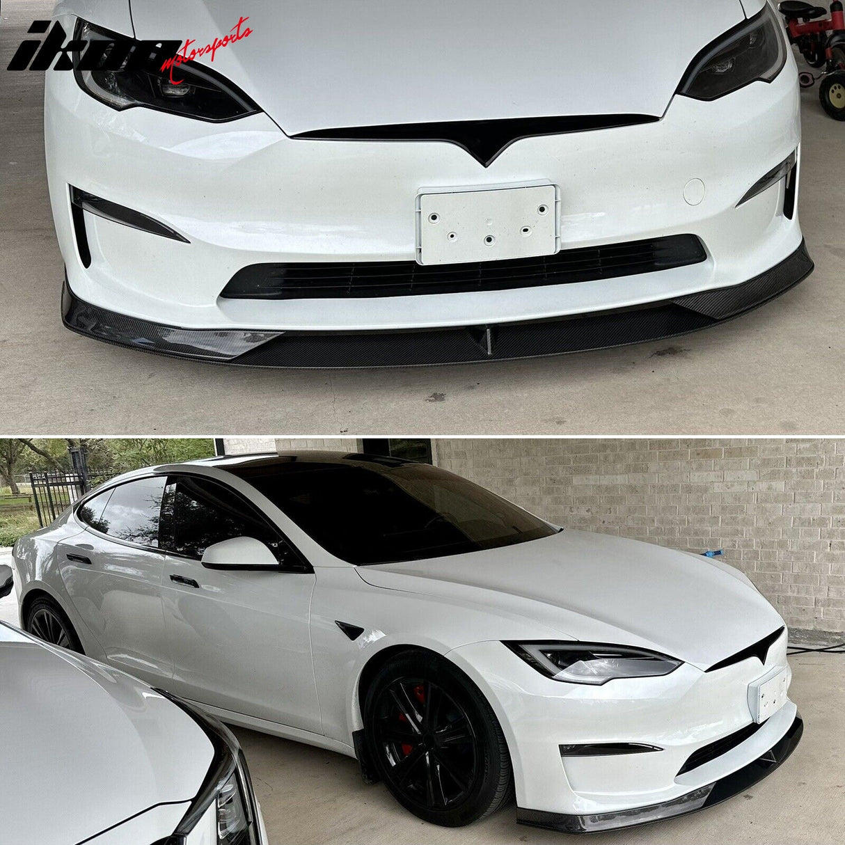 2021-2025 Tesla Model S Gloss Black V Front Bumper Lip Carbon Fiber