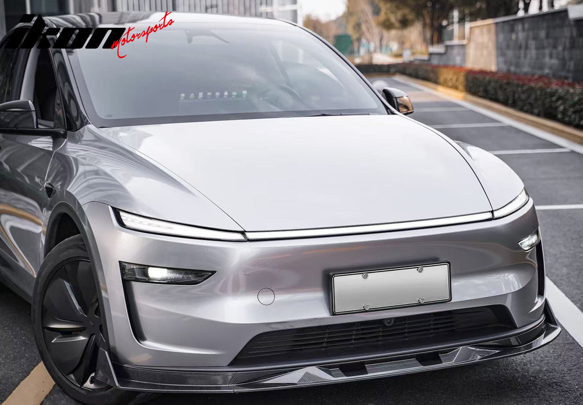 2025-2026 Tesla Model Y (New Model Y, Code Juniper) IKON V2 Style Carbon Fiber Print ABS Air Dam Chin Spoiler Protector Splitter 3PCS