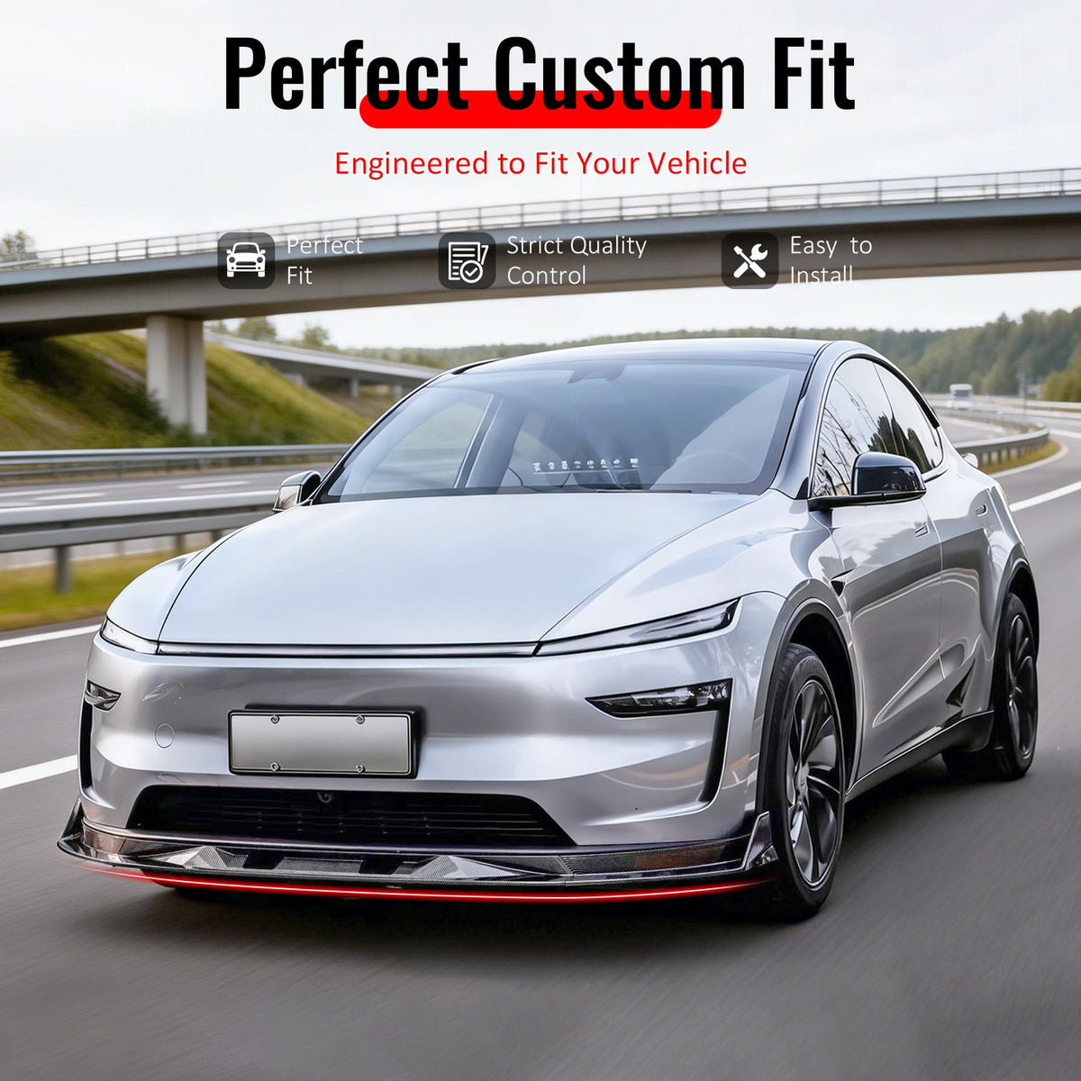 2025-2026 Tesla Model Y (New Model Y, Code Juniper) IKON V2 Style Gloss Black ABS Air Dam Chin Spoiler Protector Splitter 3PCS
