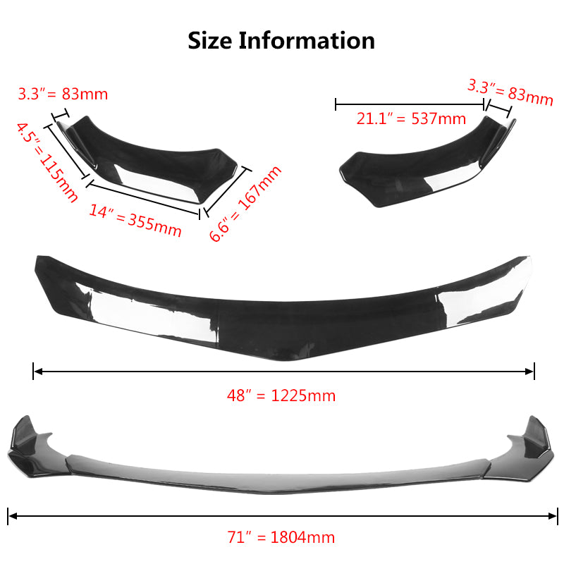 Universal 62"-66" Adjustable B Style Front Bumper Lip 3PC