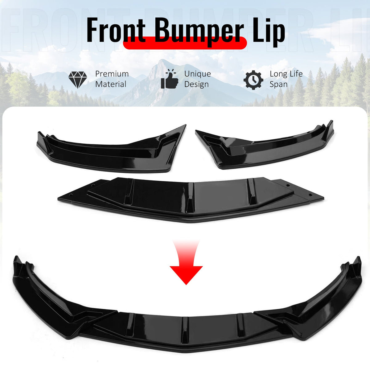 2019-2021 Volkswagen Jetta IKON V1 Style Gloss Black Front Bumper Lip PP 3PCS