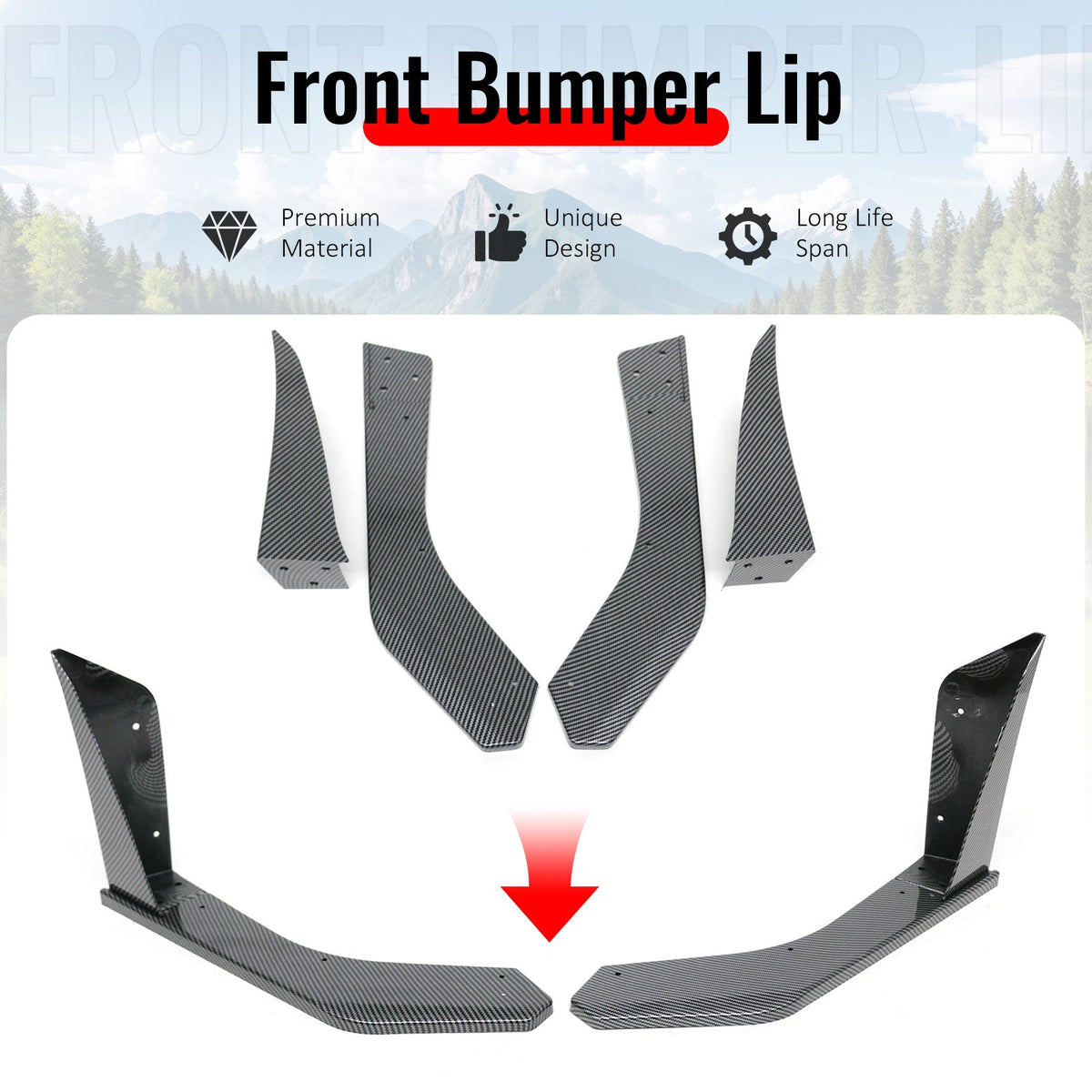 2018-2023 Ford Mustang Ecoboost & GT 2PCS Front Bumper Lip Side Corner Spoiler Winglets Splitter GT500 Style Painted Carbon Fiber Print ABS Plastic