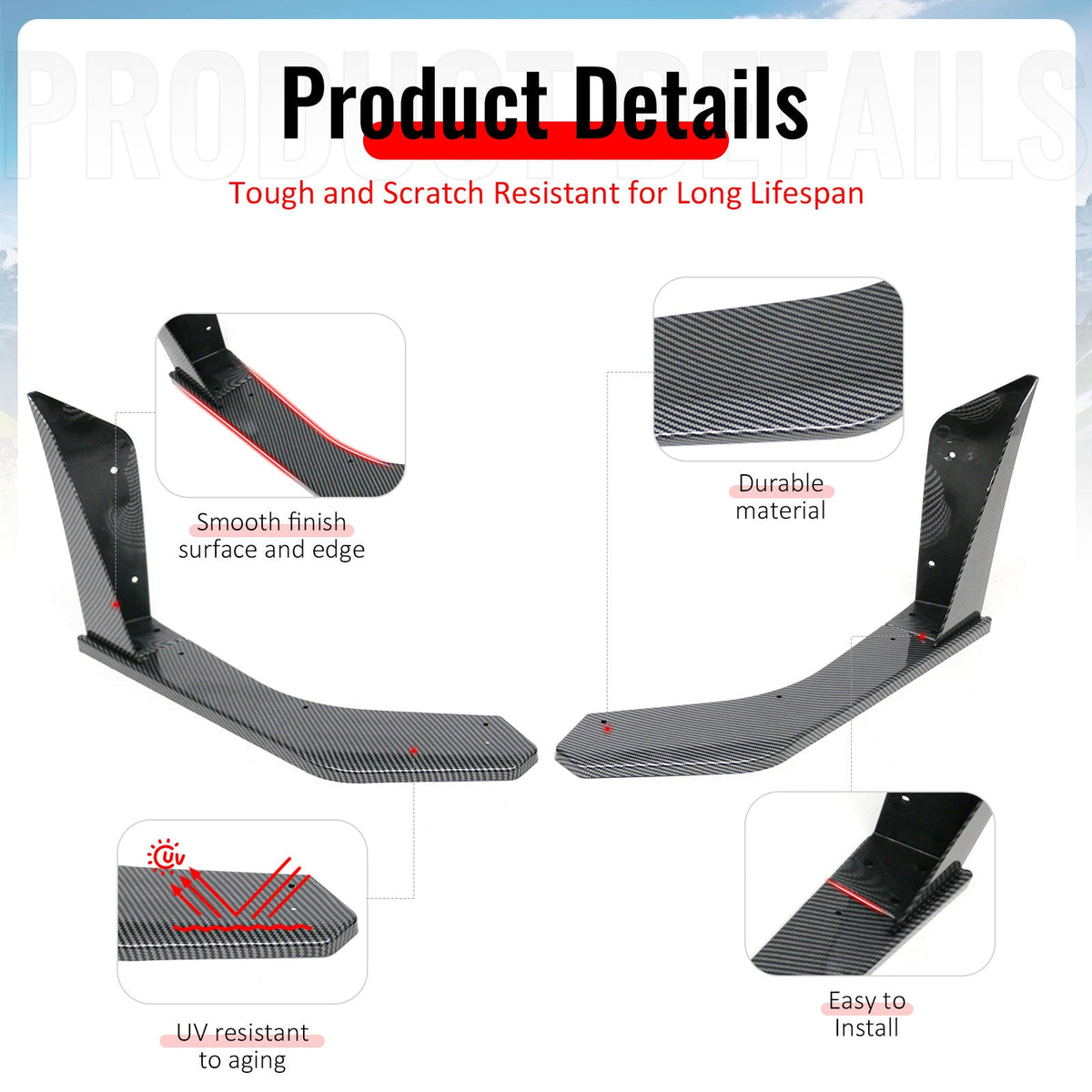 2018-2023 Ford Mustang Ecoboost & GT 2PCS Front Bumper Lip Side Corner Spoiler Winglets Splitter GT500 Style Painted Carbon Fiber Print ABS Plastic