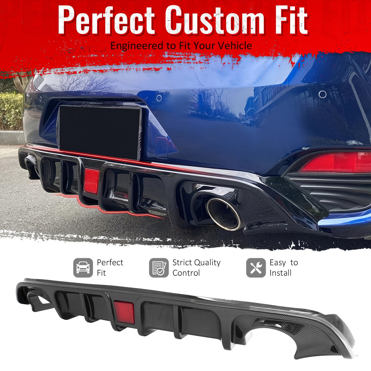 2017-2022 INFINITI Q60 Rear Diffuser Lip W/ LED Brake Light Lamp Carbon Fiber Print PP