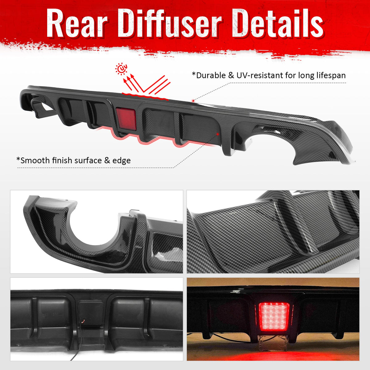 2017-2022 INFINITI Q60 Rear Diffuser Lip W/ LED Brake Light Lamp Carbon Fiber Print PP