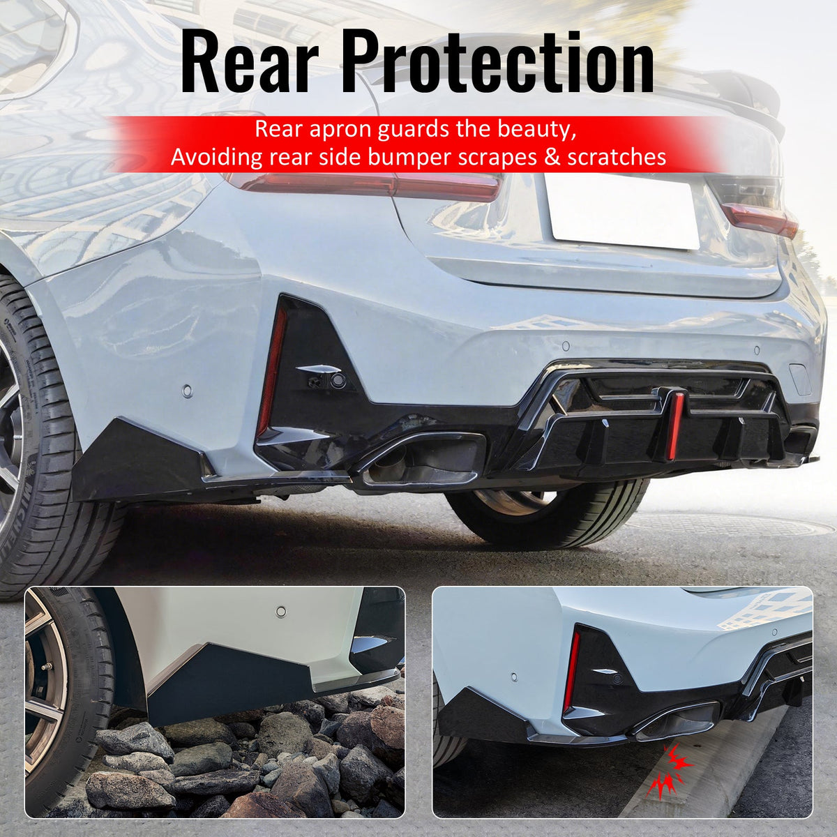 2023-2026 BMW G20 LCI 3-Series 320/330 with M Sport Bumper & M340i/M340i xDrive IKON Style Gloss Black Rear Bumper Lip Aprons Spat Side Extensions ABS
