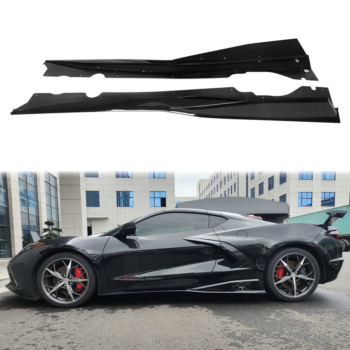 2020-2025 Chevy Corvette C8 IKON V1 B Style Gloss Black Side Skirts PP