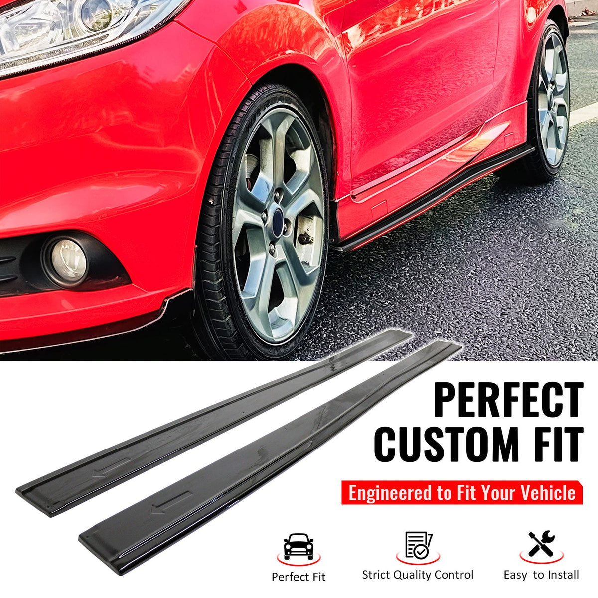 2014-2019 Ford Fiesta ST & ST Line Side Skirts Extension Rocker Panel Splitter Lip Added on Body Kits IKON Style Painted Gloss Black ABS Plastic