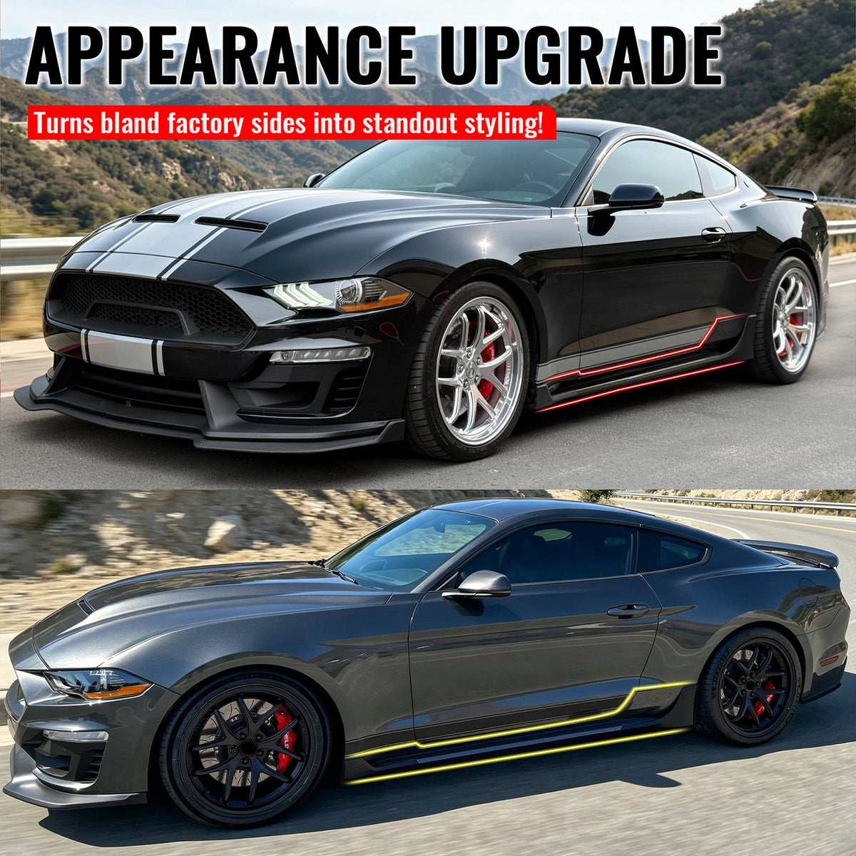 2015-2023 Ford Mustang Side Skirts Shelby Super Snake Style PP Matte Black Rocker Panel