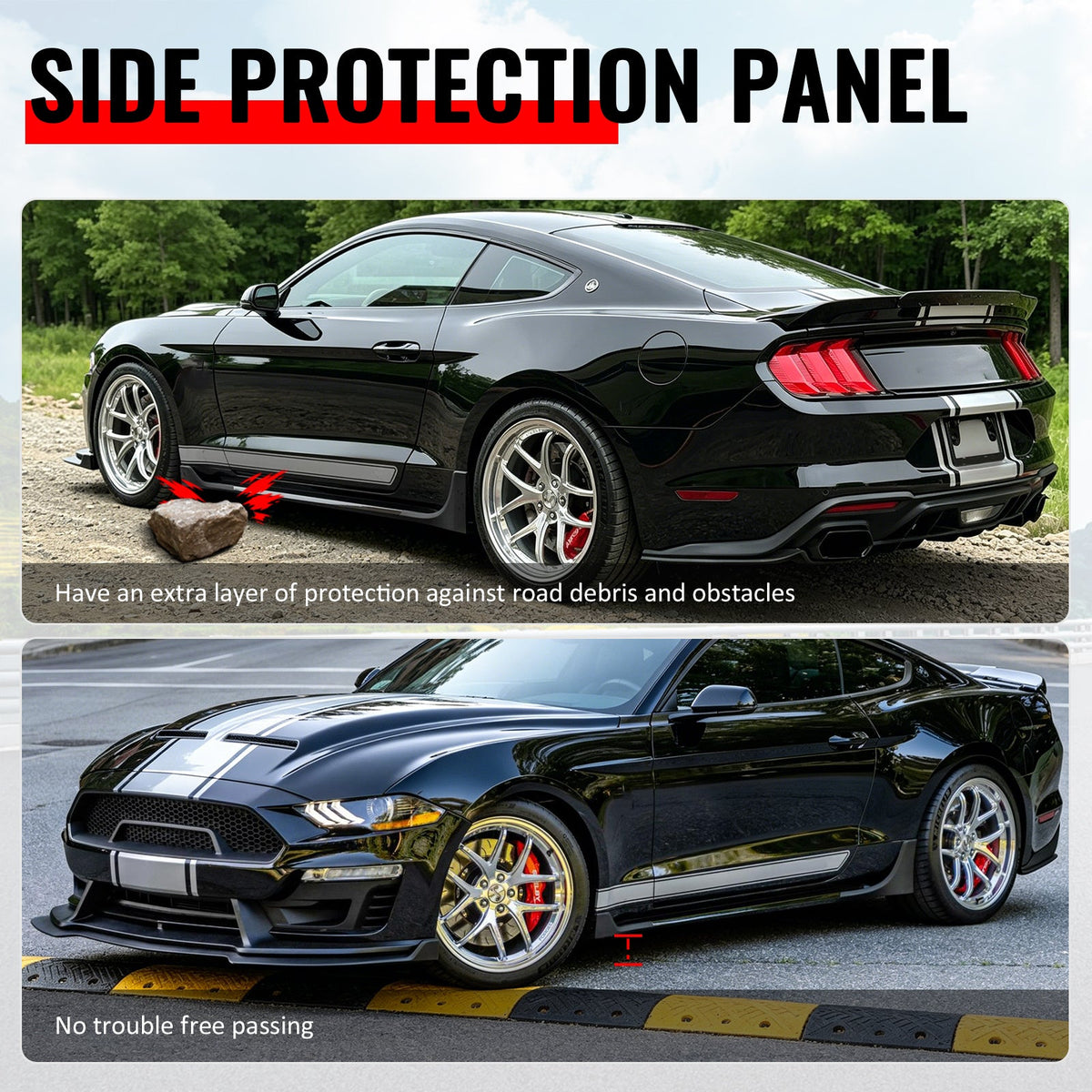 2015-2023 Ford Mustang Side Skirts Shelby Super Snake Style PP Matte Black Rocker Panel