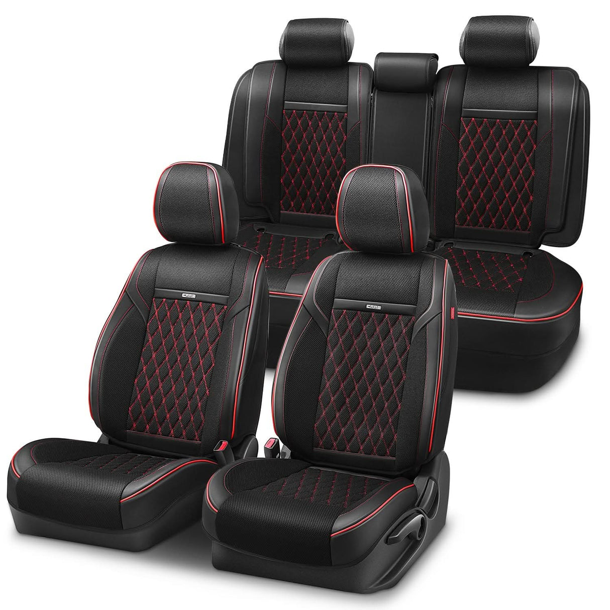 Diamond Stitch Mesh Fabric Seat Covers - Full Set 4PCS Black Red