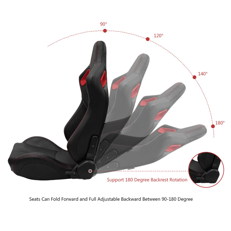 Universal Red Bezel Racing Seat Dual Slider Cam-lock Belt PU Carbon