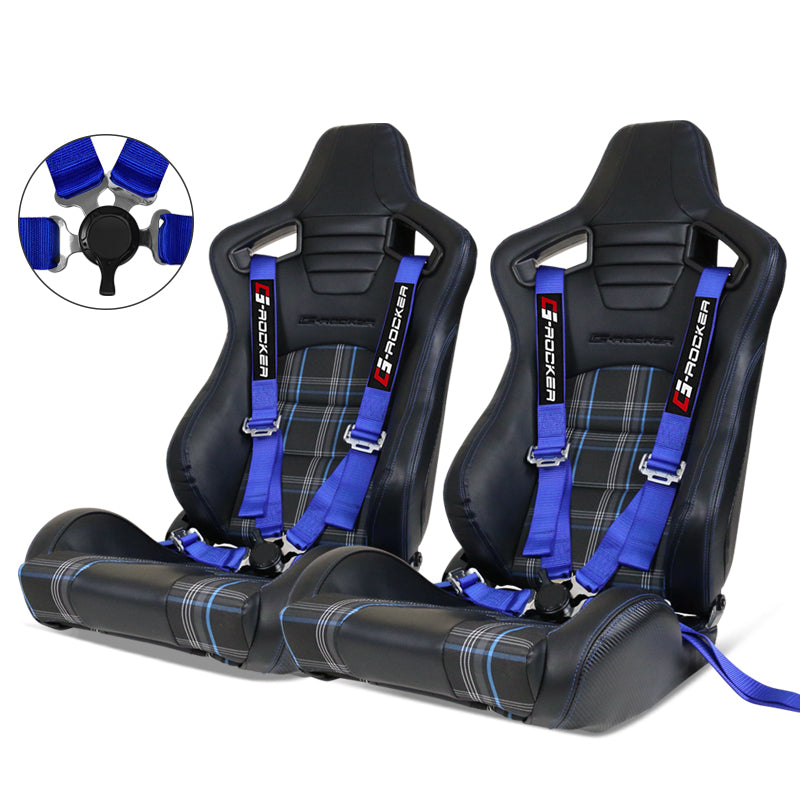Racing Seat for Universal Blue Plaid with Dual Slider Cam-lock Belt PU Carbon