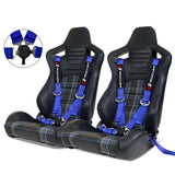 Racing Seat for Universal Blue Plaid with Dual Slider Cam-lock Belt PU Carbon